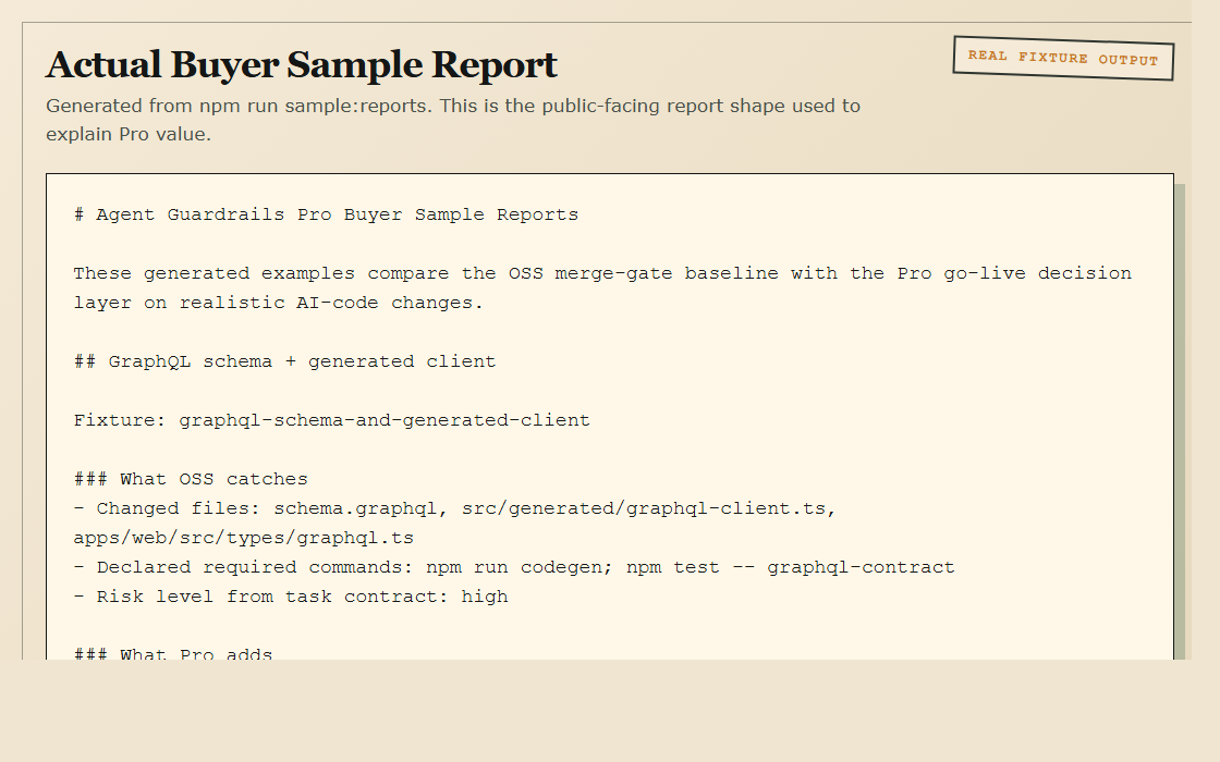 Actual buyer sample report screenshot generated from a real fixture
