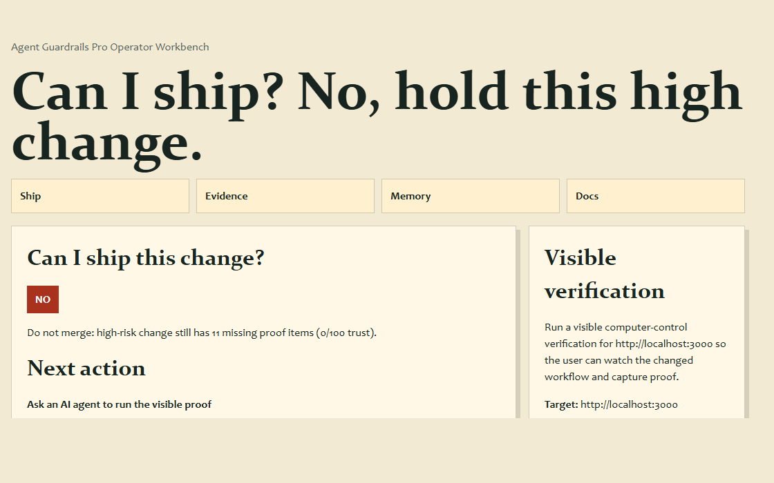 Actual Agent Guardrails Pro local Workbench screenshot generated from a real fixture