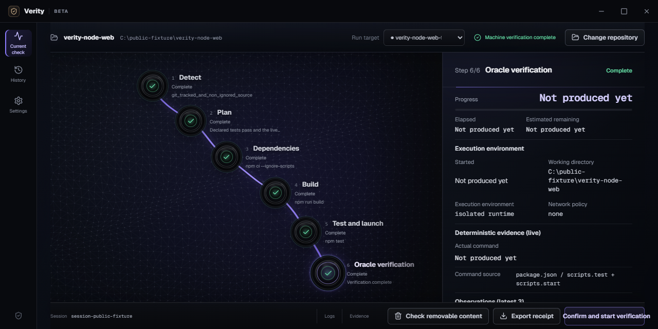 Verity Desktop displaying the evidence path for a verified fixture repository